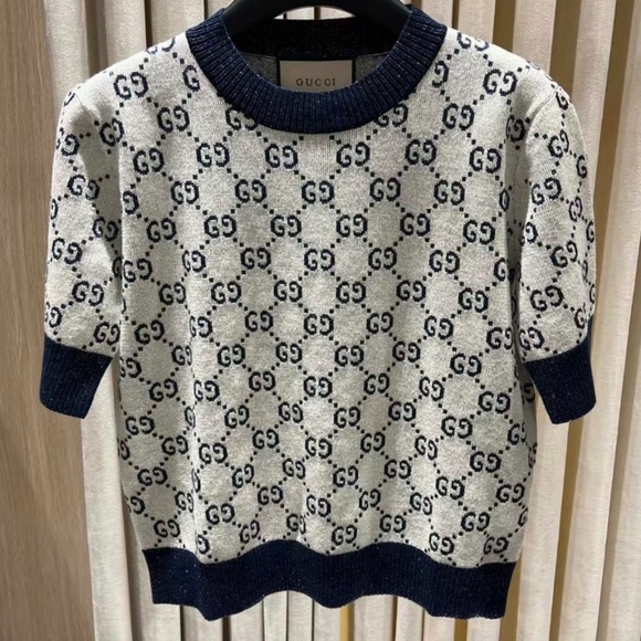 New Gucci 2025 GG monogram metallic Ivory and blue GG lamé jacquard knit top M - Picture 1 of 8